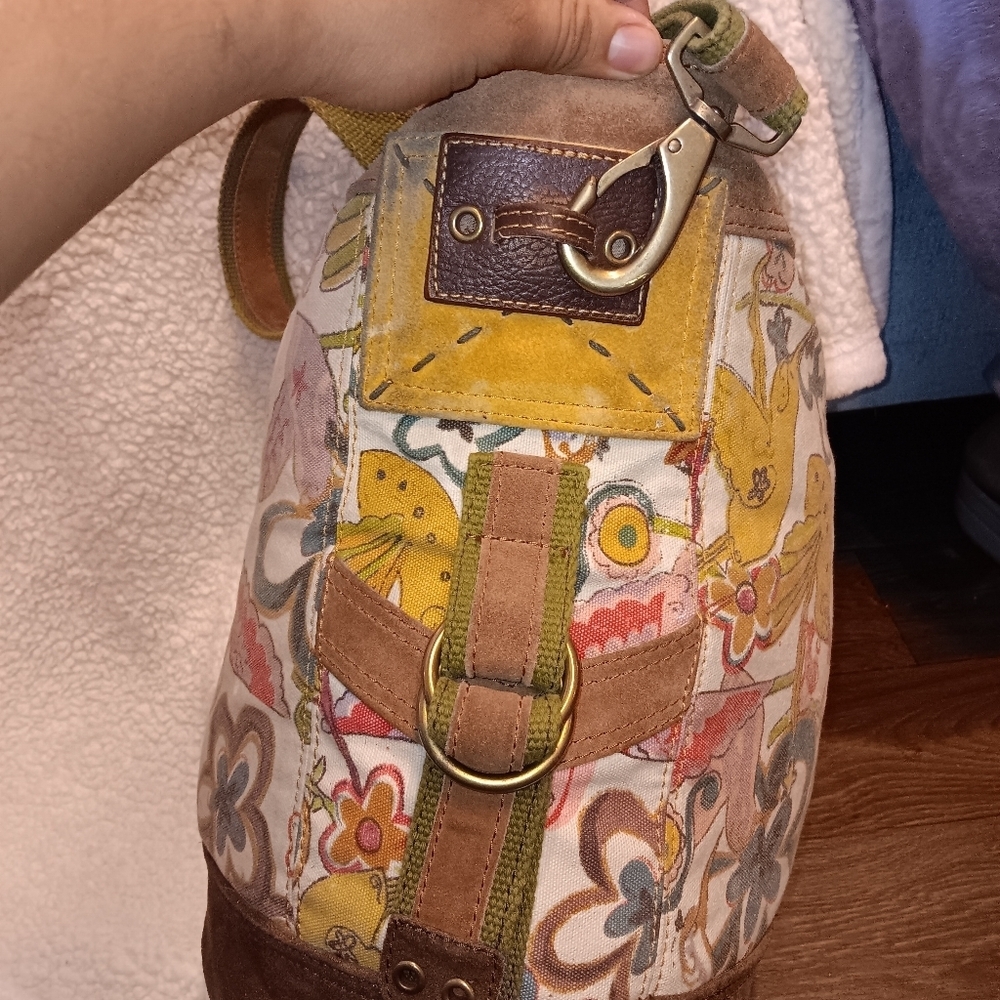 Vintage 90s  Lucky Brand Bucket Shoulder Bag Crossbody Canvas Suede Large Cute - Picture 4 of 9